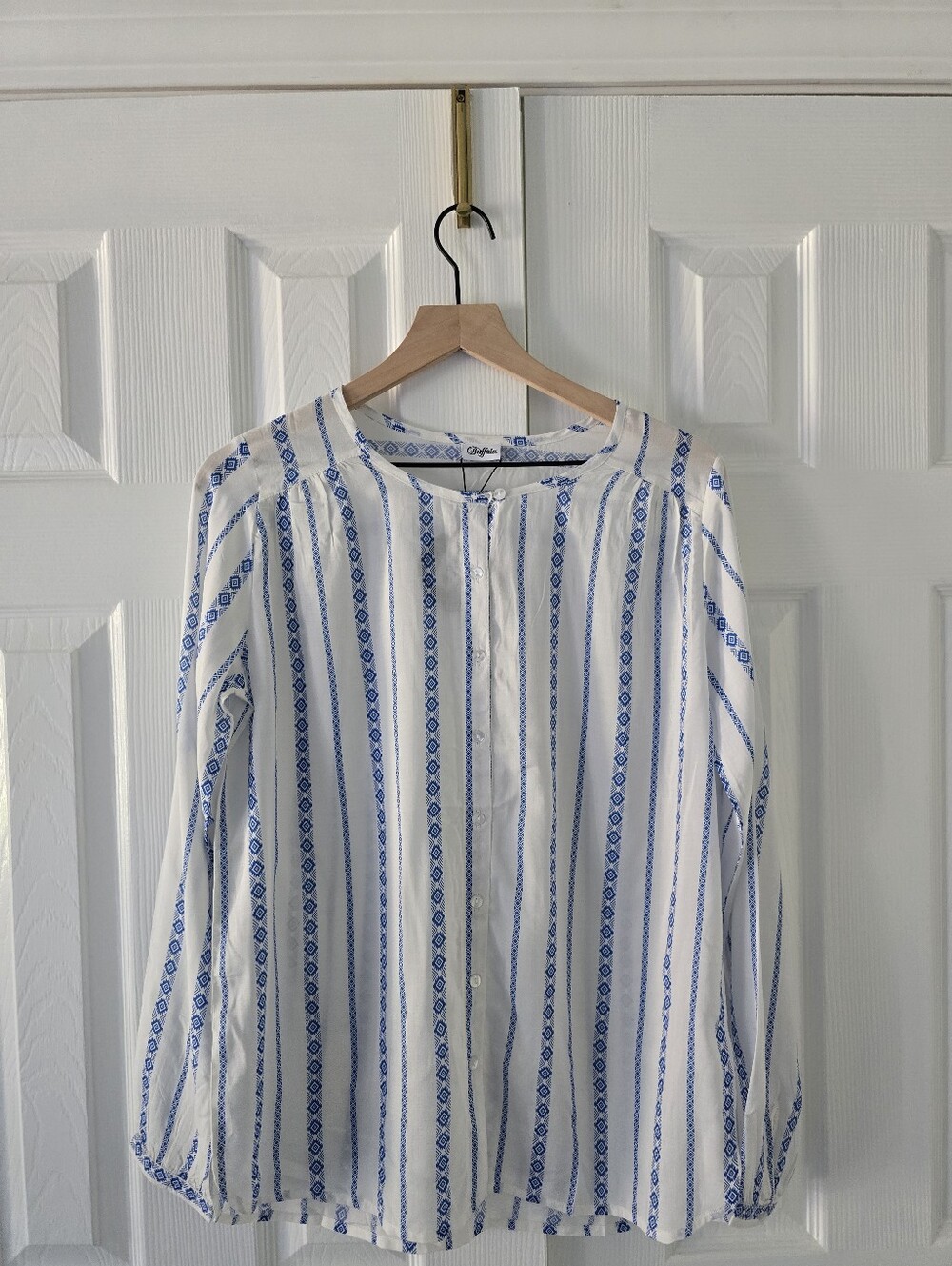 White Button-Front Shirt with Blue Stripe Pattern